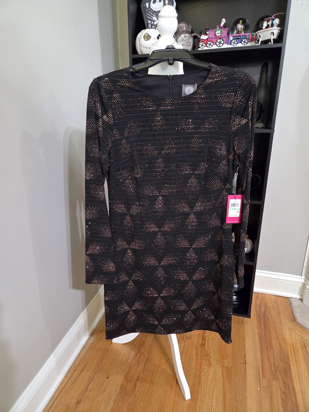 Vince Camuto Black Dress with Gold Geometric Dot Pattern